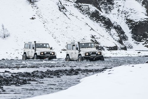 Land Rover River crossing in winter in Þórsmörk Iceland